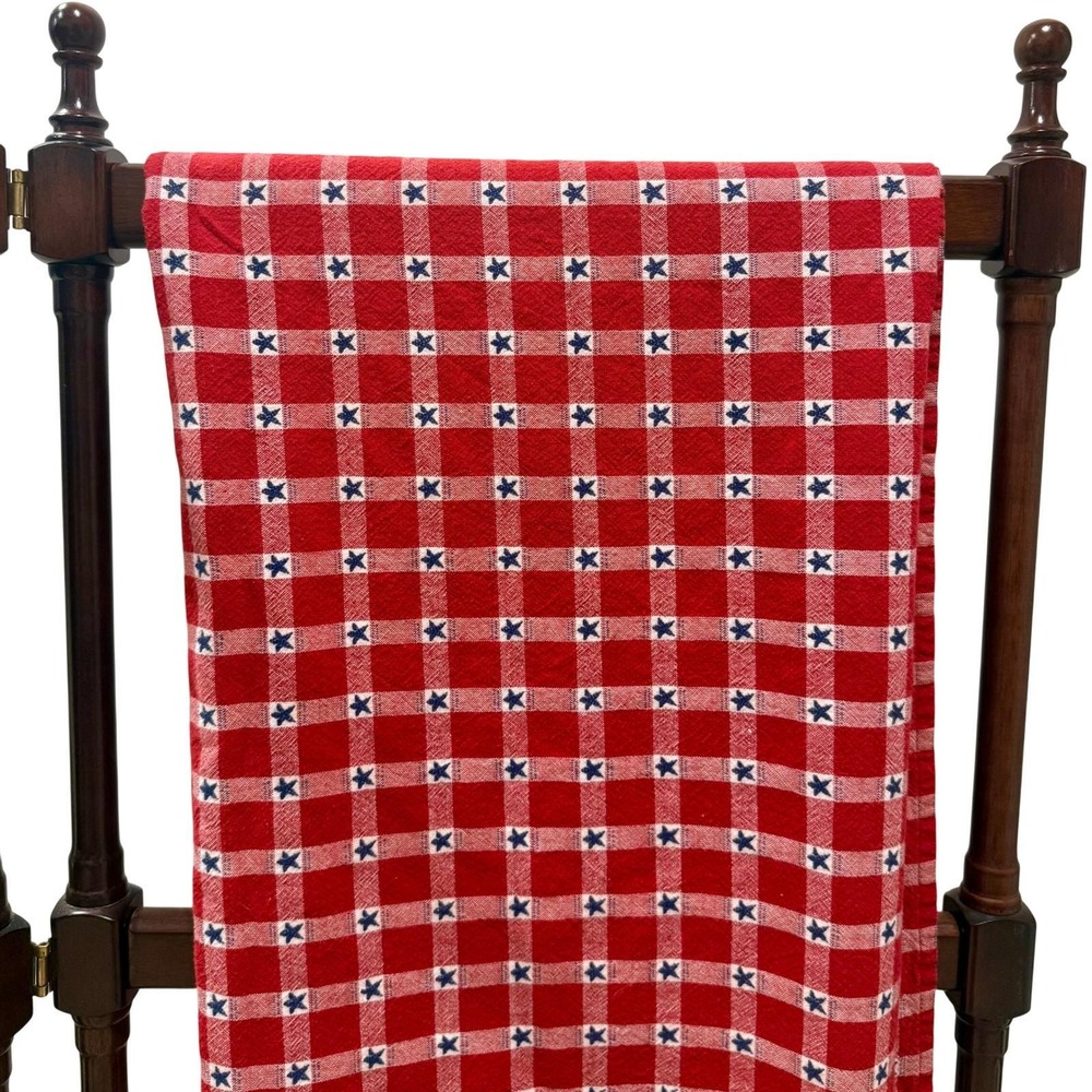 Vintage Red White Blue Cotton Tablecloth Woven Star Plaid Americana 47" x 62"